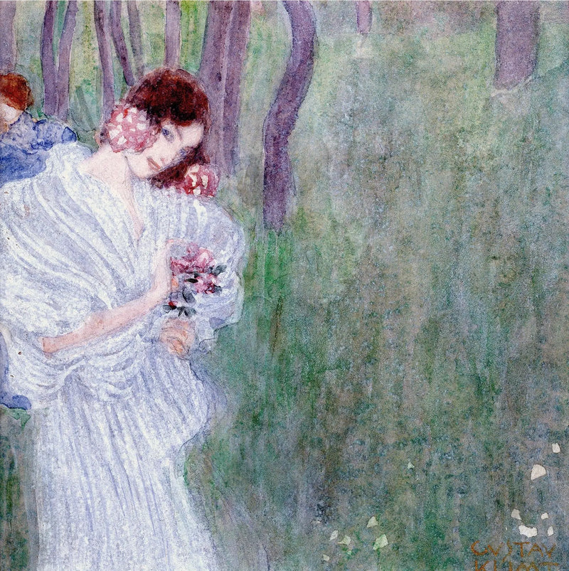 Ung kvinna i vit klänning i en skog - Gustav Klimt