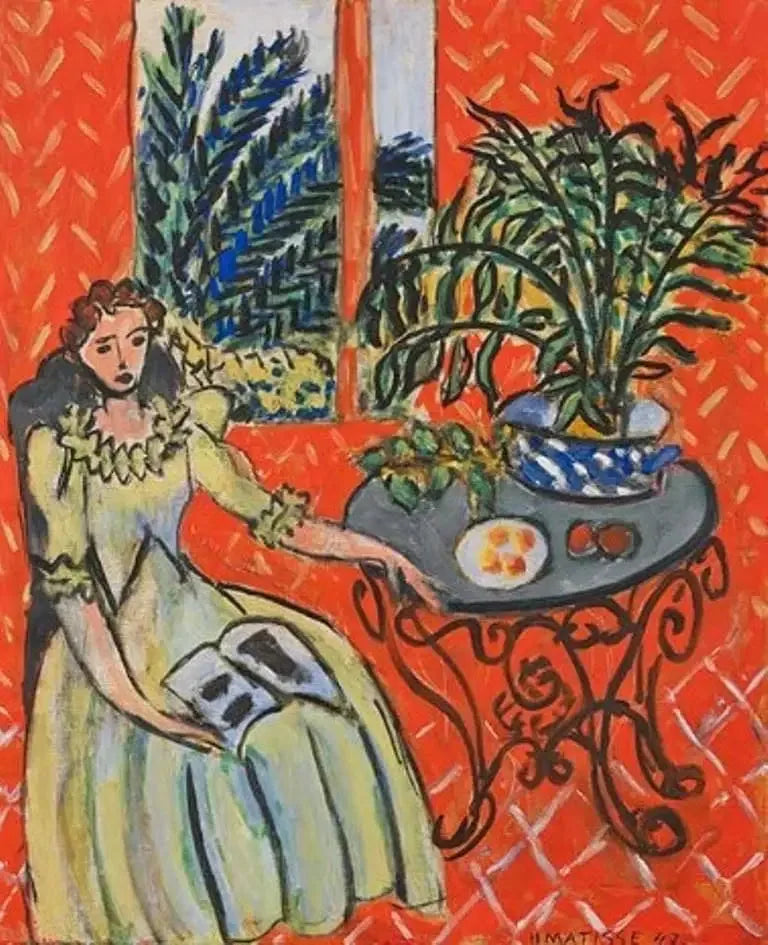 Ung kvinna i grönt i en röd inredning - Henri Matisse