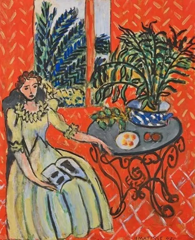 Ung kvinna i grönt i en röd inredning - Henri Matisse