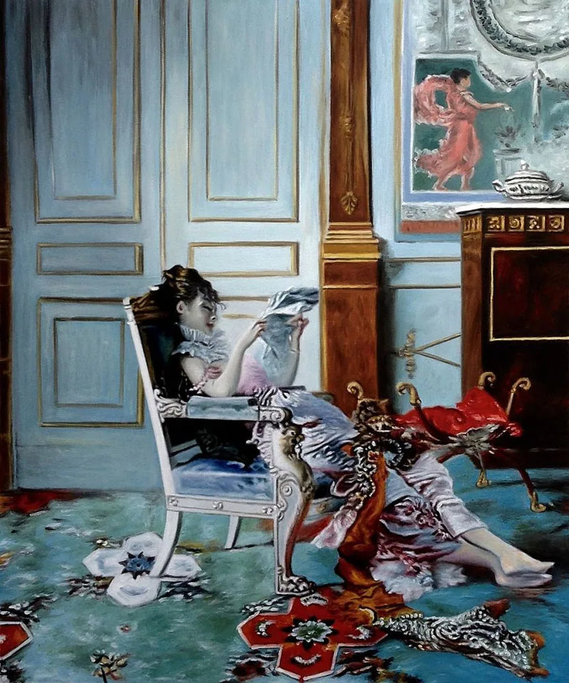 Ung flicka som läser i ett vardagsrum - Giovanni Boldini