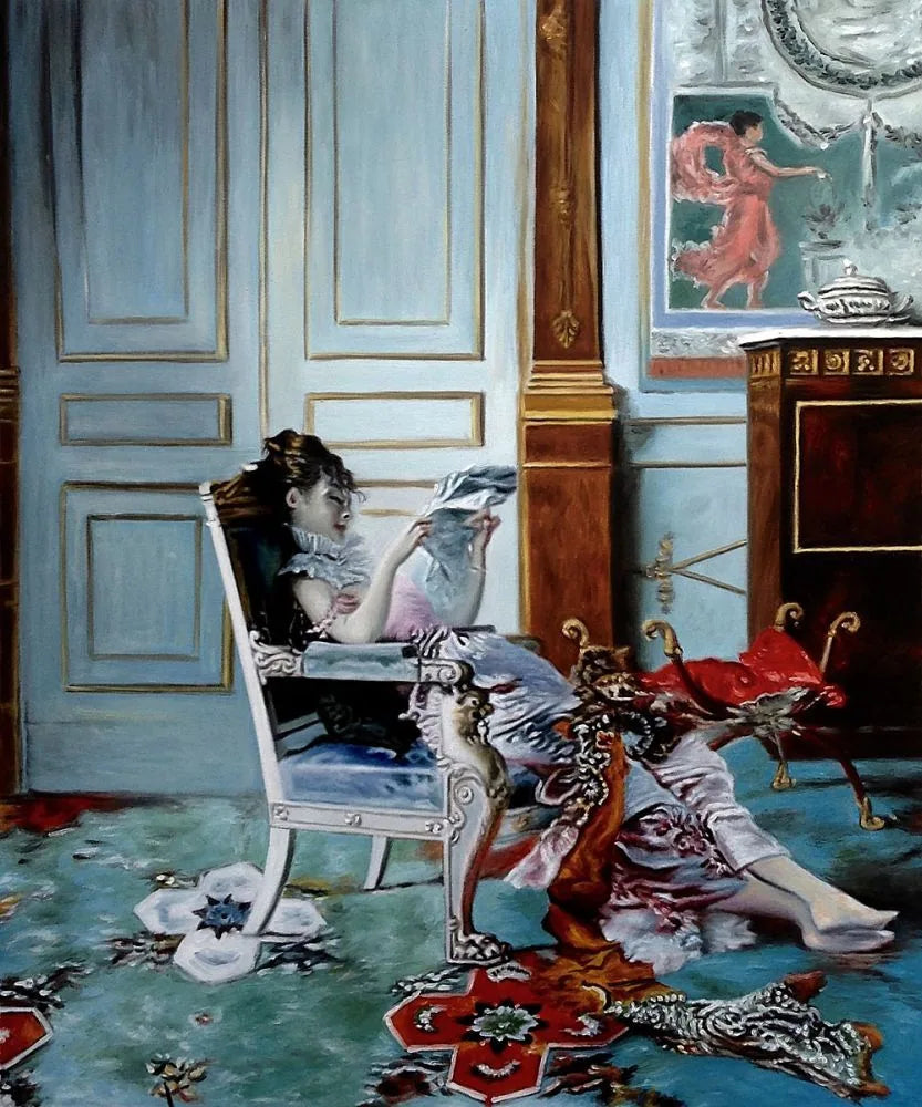 Ung flicka som läser i ett vardagsrum - Giovanni Boldini