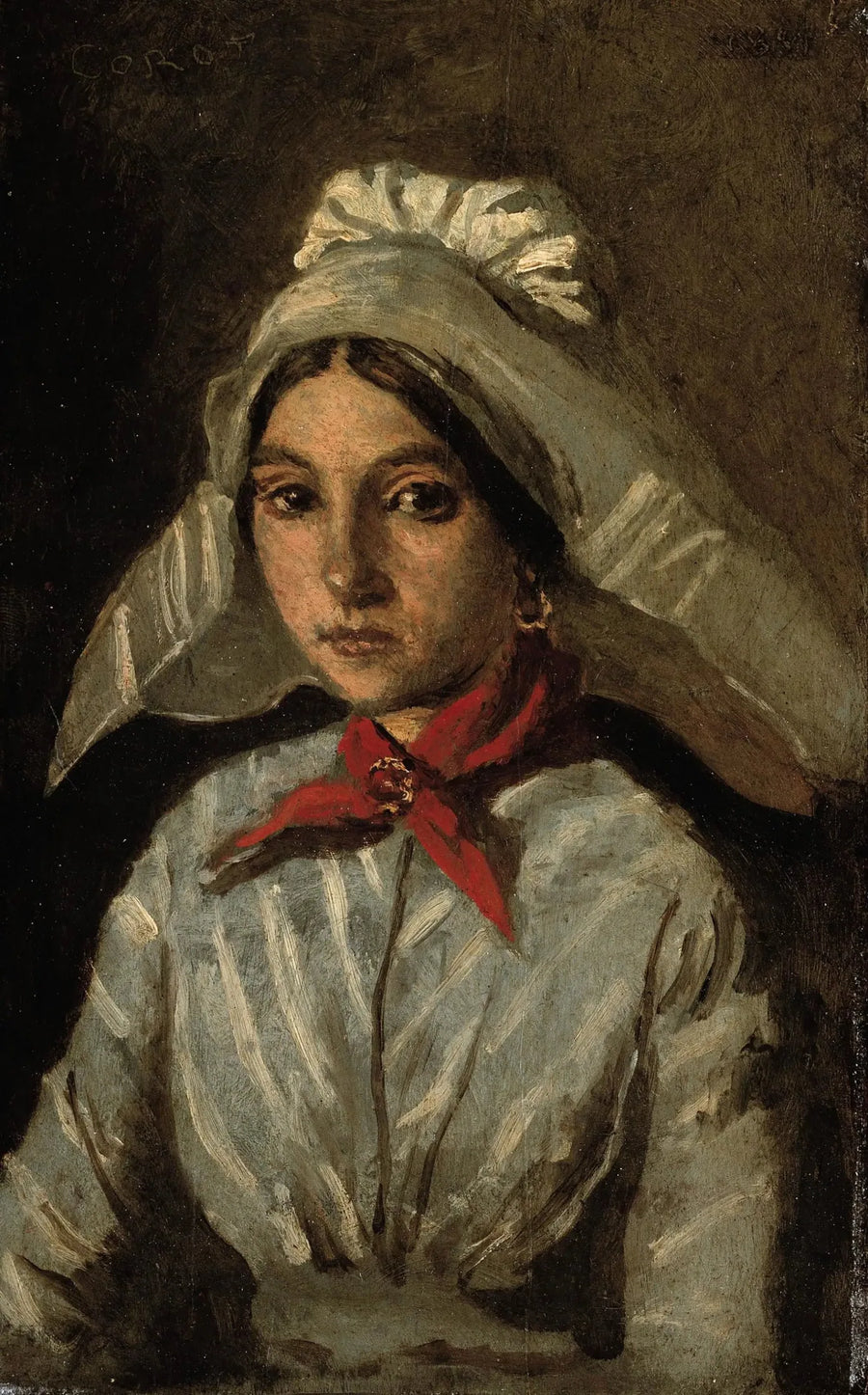 Ung flicka med en stor huvudbonad på huvudet - Jean-Baptiste Camille Corot