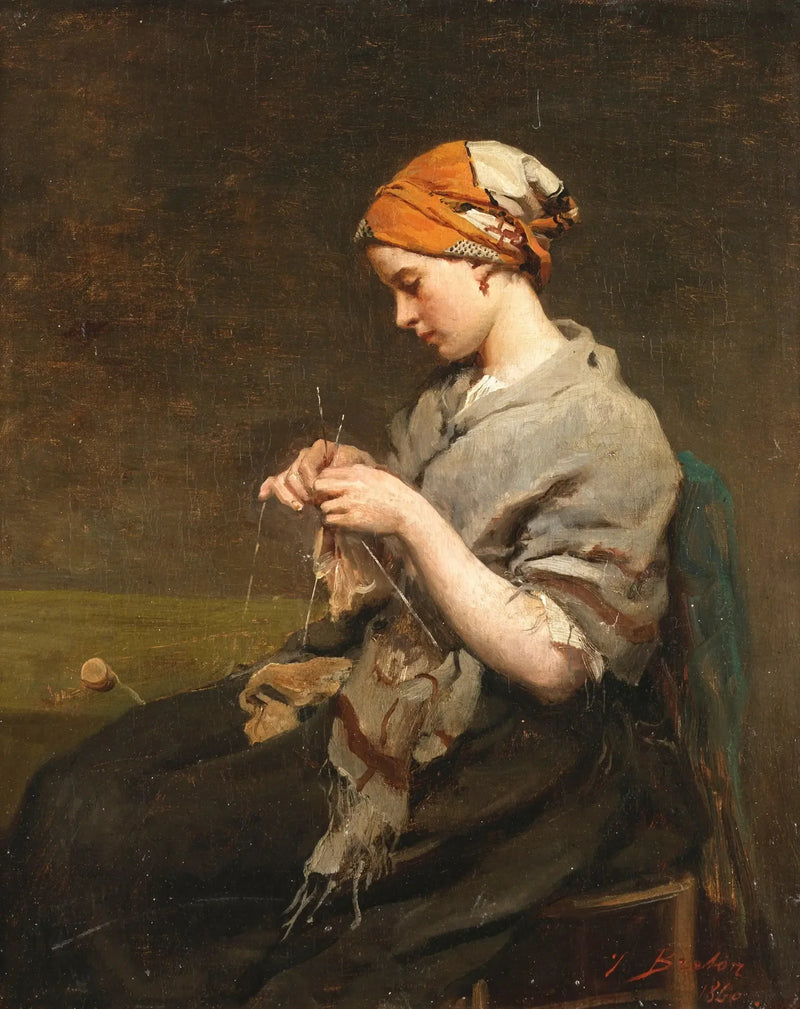 Ung flicka som stickar (version 2) - Jules Breton