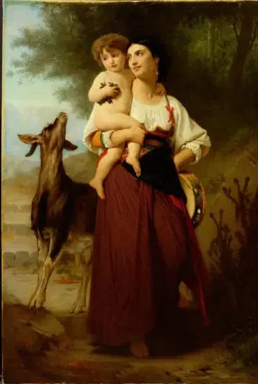Ung mor i landsbygdskostym med sitt barn och en get - Bouguereau