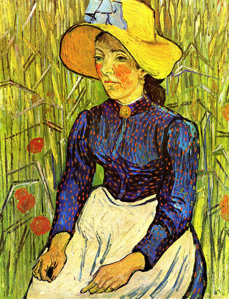 Bonde med halmhatt sittande framför ett vetefält - Vincent van Gogh