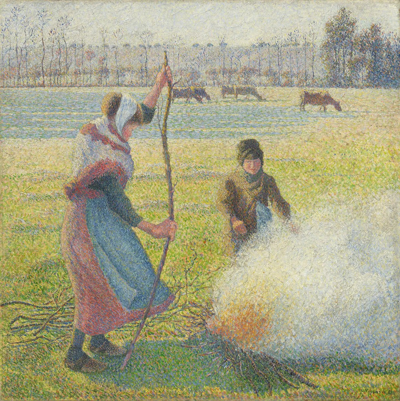 Ung bondflicka som gör eld. Vit frost - Camille Pissarro