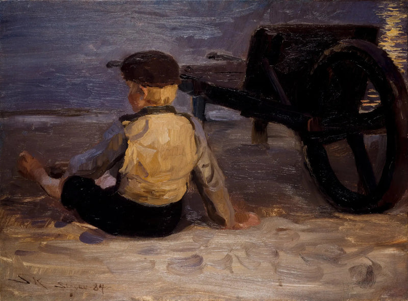 Ung fiskare som sitter bredvid en skottkärra. Söderstranden i Skagen. - Peder Severin Krøyer