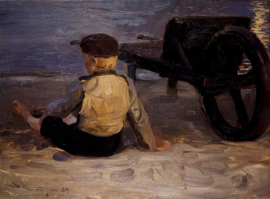 Ung fiskare som sitter bredvid en skottkärra. Söderstranden i Skagen. - Peder Severin Krøyer