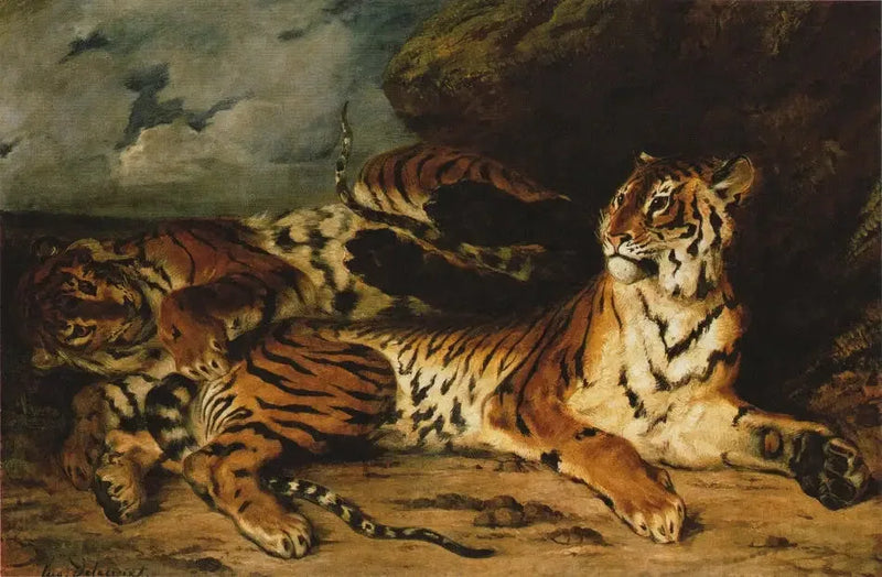 Ung tiger som leker med sin mamma - Eugène Delacroix