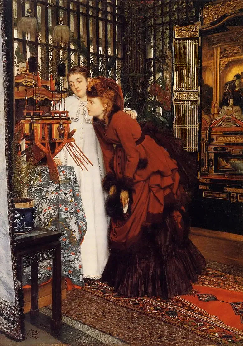 unga kvinnor som tittar på japanska artiklar - James Tissot
