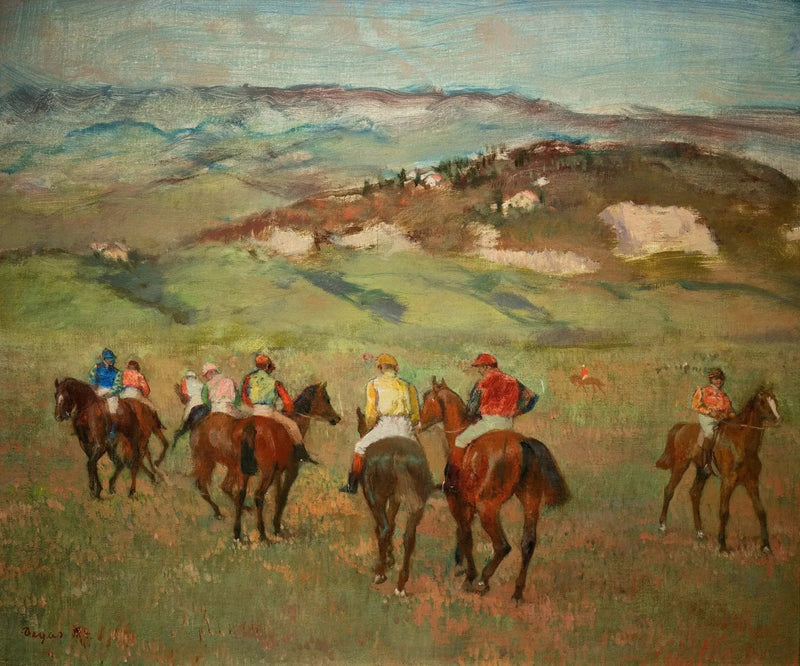 Ryttare på hästar framför de avlägsna kullarna - Edgar Degas