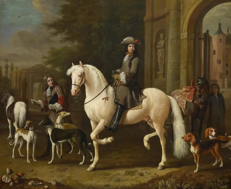 Johan Ortt (1642-1701) till häst korsar Nijenrode slottets port - Melchior de Hondecoeter