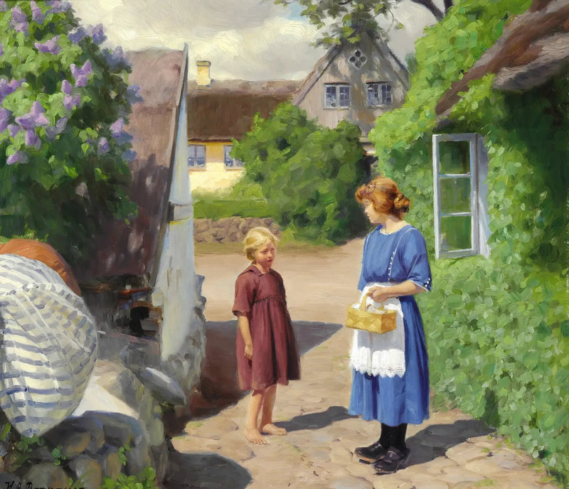 Sommardag i Jyllinge. Lila i blom och små flickor på byns gata. - H. A. Brendekilde