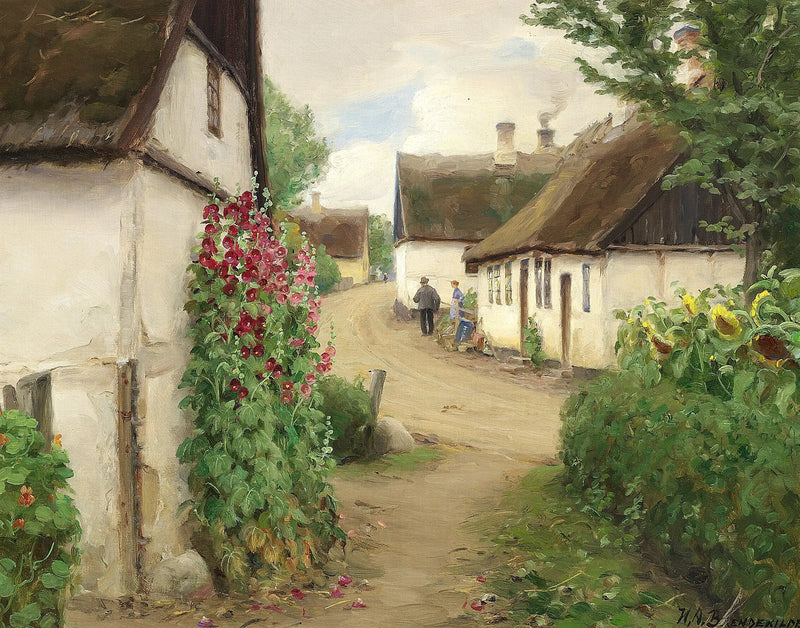 Sommardag i en by med solrosor och röda stockrosor. - H. A. Brendekilde