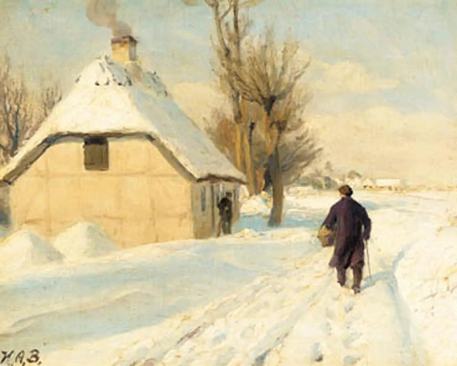 Vinterdag nära ett hus med halmtak. En man går på den snötäckta vägen. - H. A. Brendekilde