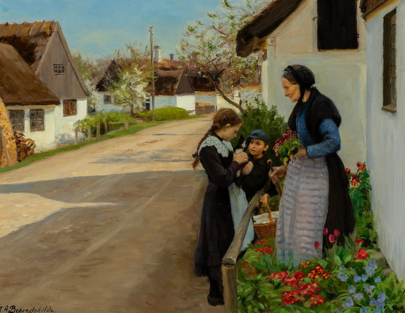 Vårdag i byn. Kattungen ges till mormor. - H. A. Brendekilde