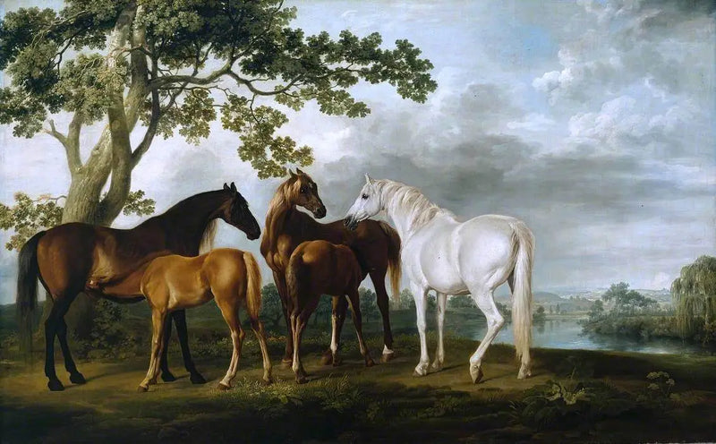 Hingstar och föl i ett flodlandskap - George Stubbs
