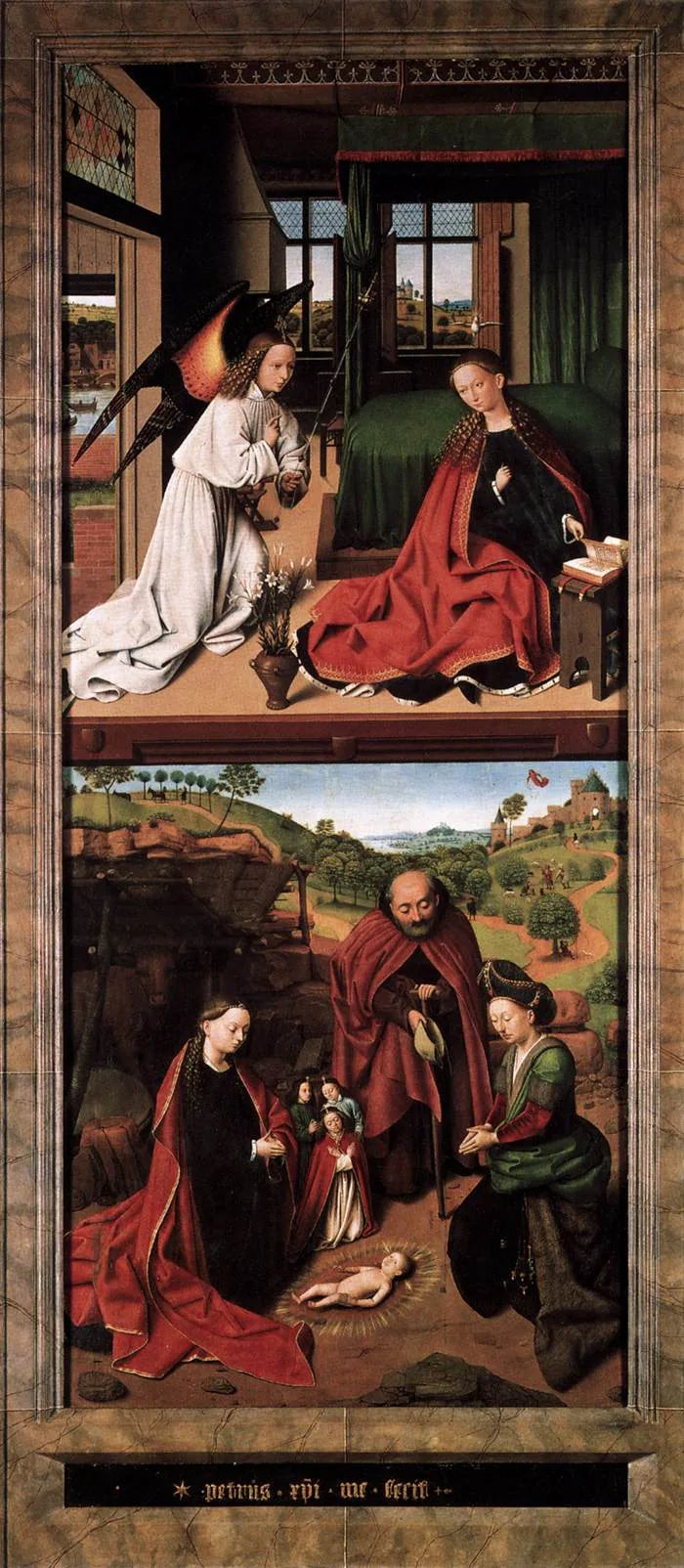 Barnets tillbedjan; i bakgrunden, Annunciationen för herdarna. - Petrus Christus