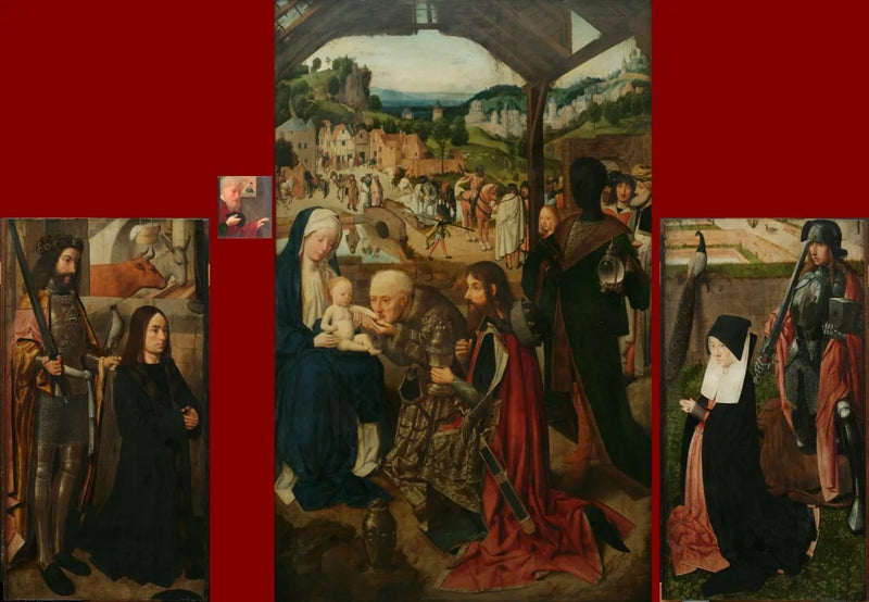 Adoration des Mages, altarpanel med skjutdörrar; vänsterblad: donatorn med helgon Bavon; högerblad: donatorns hustru med helgon Adrien - Geertgen tot Sint Jans