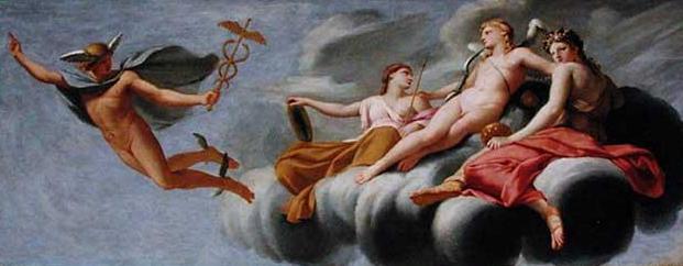 Kärleken, omgiven av Ungdomen och Skönheten, beordrar Mercurius att förkunna sin makt för universum - Eustache Le Sueur