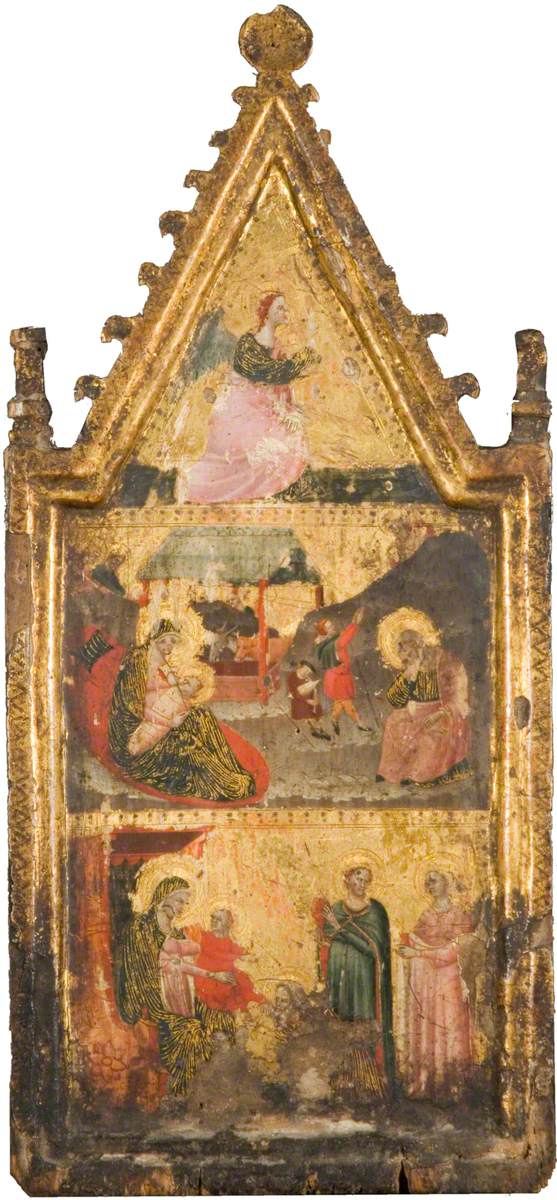 Uppenbarelse av Annunciation (överst), Födelsen och Annunciation till herdarna (i mitten), Kungahyllning av de vise männen (längst ner) - Giovanni Baronzio