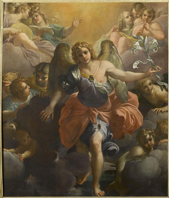Ängeln Gabriel i en gloria av musikeränglar och keruber - Annibale Carracci