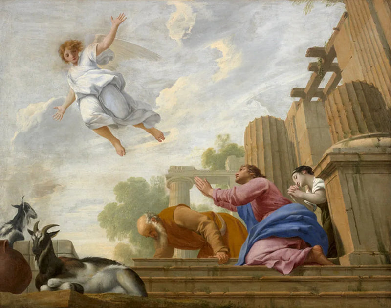 L'Ange Raphaël avslöjar sin sanna natur för Tobie och hans familj och stiger till himlen - Eustache Le Sueur