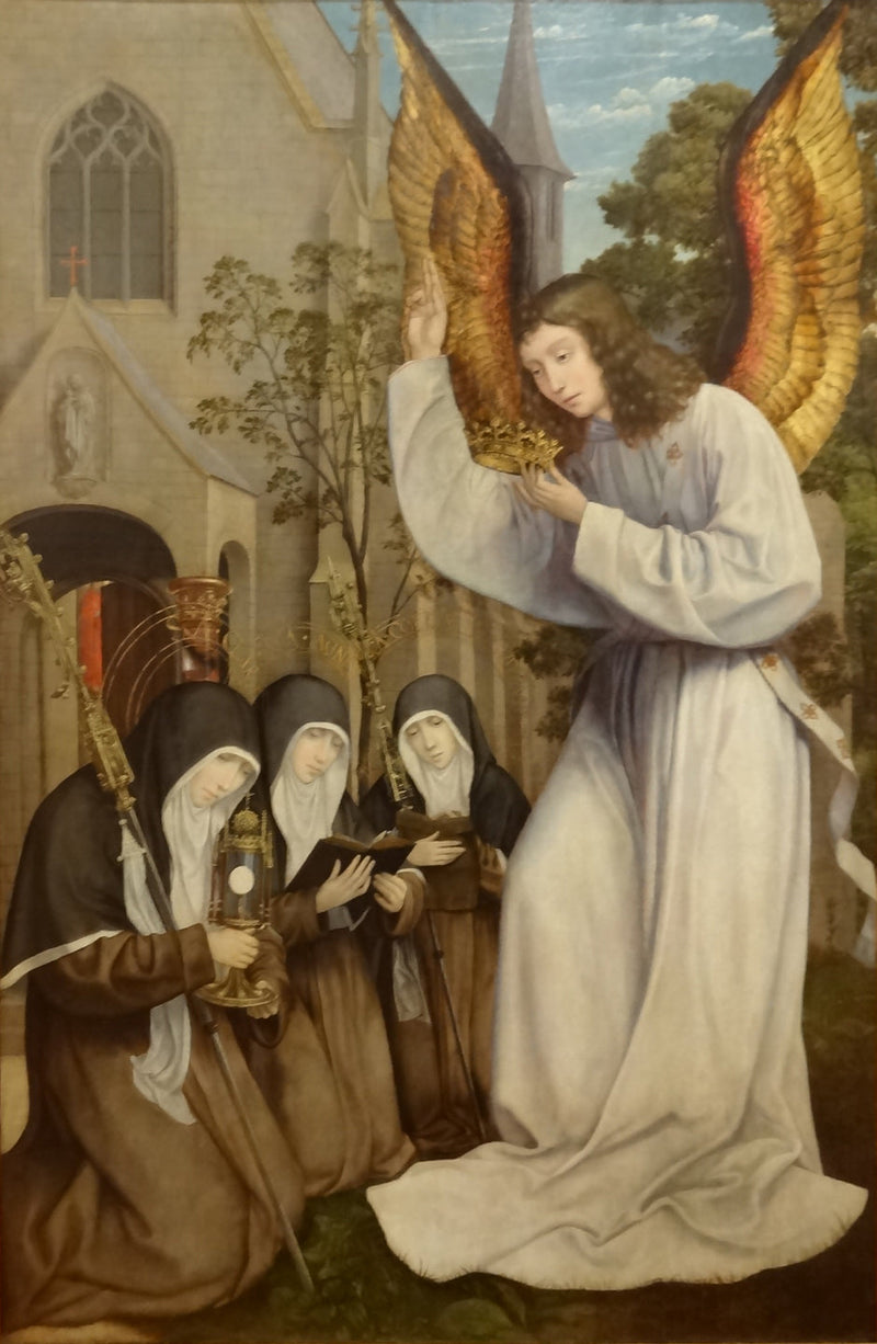 Uppenbarelsen av ängeln vid Sainte Claire, Sainte Agnès d'Assise och Sainte Colette de Corbie - Quentin Metsys