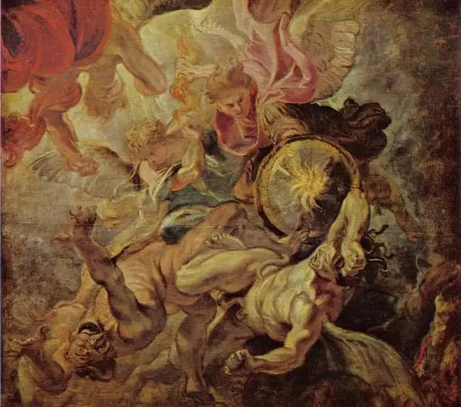 Ärkeängeln Michel besegrar Satan och de fallna änglarna (Uppenbarelseboken 12:7-9), 1620 - Peter Paul Rubens