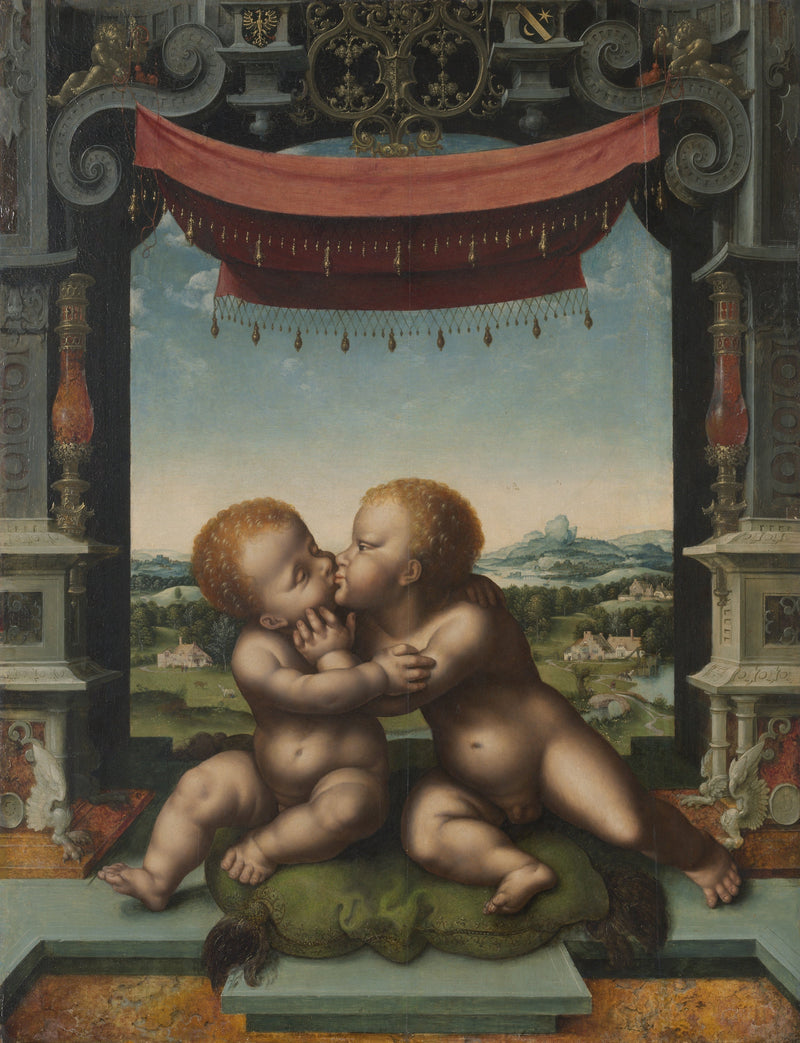 Barnet Jesus och helige Johannes Döparen som omfamnar varandra - Joos van Cleve