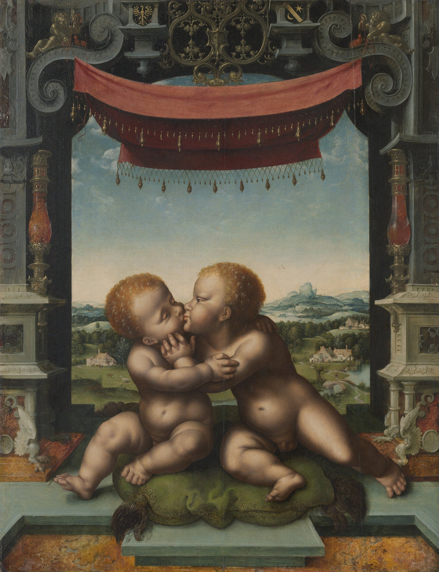 Barnet Jesus och helige Johannes Döparen som omfamnar varandra - Joos van Cleve
