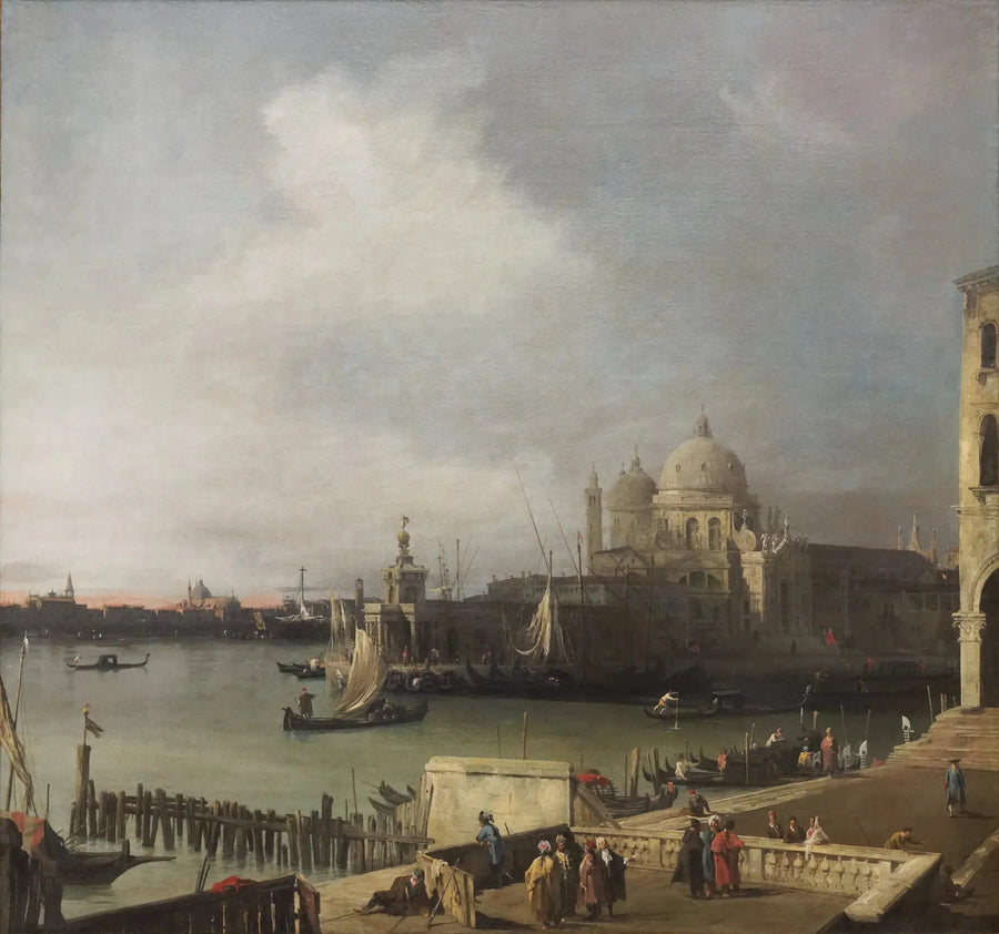 Entrén till Grand Canal, med Santa Maria della Salute och Giudeccakanalen, vy från den västra änden av Môle - Canaletto