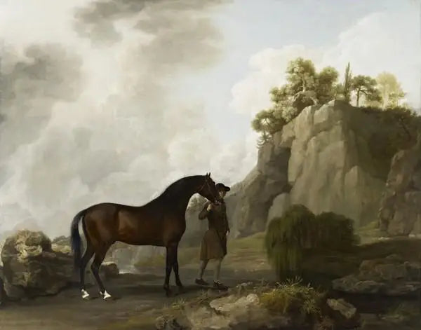 Den arabiska hingsten av hertigen av Rockingham ledd av en hästskötare vid Creswell Crags - George Stubbs