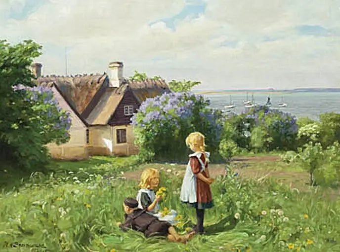 Sommaren vid Roskildes fjord, barnen gör blomsterkransar. - H. A. Brendekilde