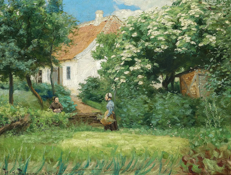 Sommar i trädgården. Två kvinnor pratar nära ett blommande kastanjeträd. - H. A. Brendekilde