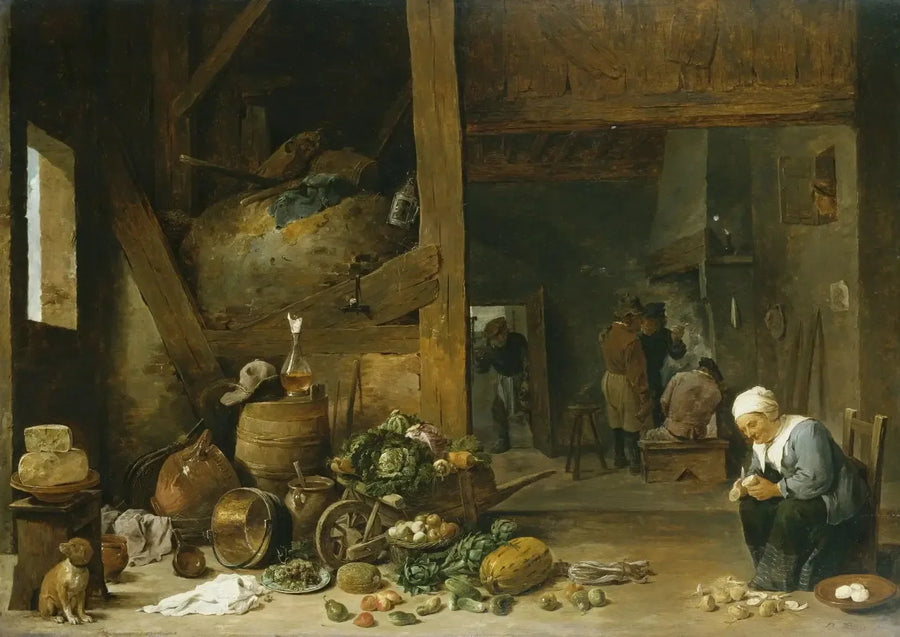 Interiör av ett kök med en gammal kvinna som skalar rovor - David Teniers den yngre