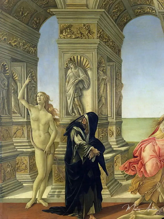 La Calomnie d'Apelles ; détail montrant la figure nue de la Vérité pointant vers le ciel et la Pénitence vêtue d'un habit dominicain en loques, 1497-98 détail de 31582 - Sandro Botticelli - Reproductions de tableaux et peintures haut de gamme