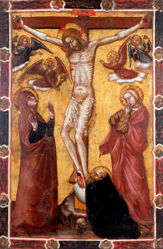 Korsfästelsen med Jungfru Maria och helige Johannes; helige Antonius abbot vid korsets fot (en sida av en processionbanner) (tidigare tillskriven Barnaba da Modena) - Spinello Aretino