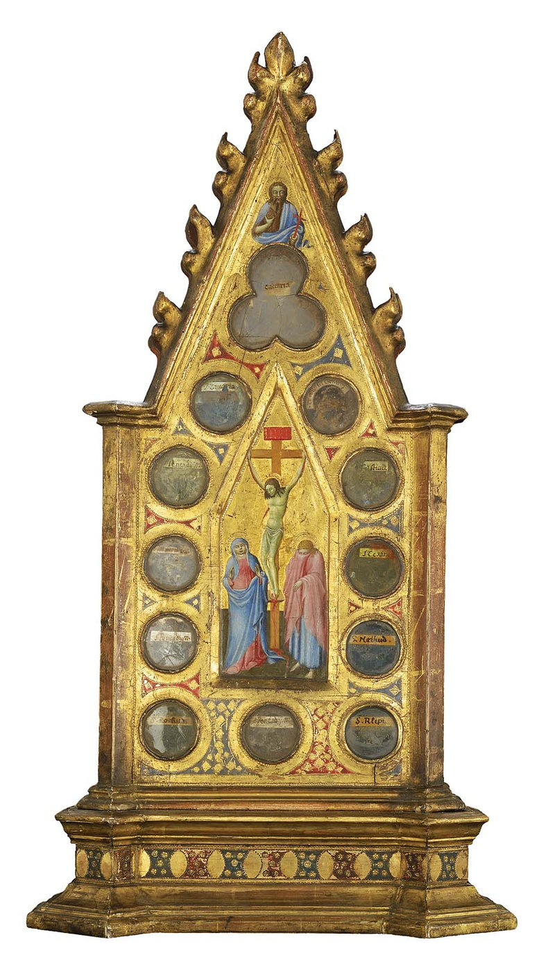 Korsfästelsen med Jungfru Maria och Johannes, med Johannes Döparen (ovan); en franciskansk helgon i bön framför en vision av Kristus och helgon, med ett helgon (ovan) (framsida och baksida) - Master of the Osservanza