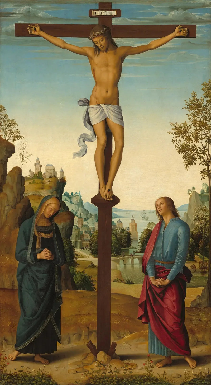 Kristi korsfästelse med jungfru Maria, helige Johannes, helige Jerome och heliga Maria Magdalena [mittenpanel] - Pietro Perugino