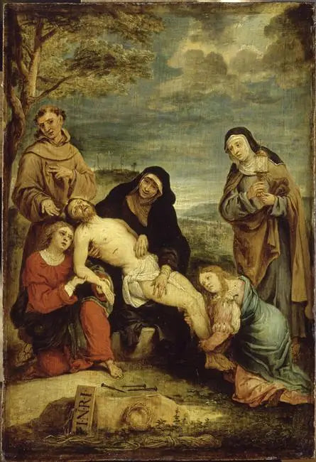 Kristi beklagelse i närvaro (mystisk) av helige Franciskus av Assisi och heliga Klara - David Teniers den yngre