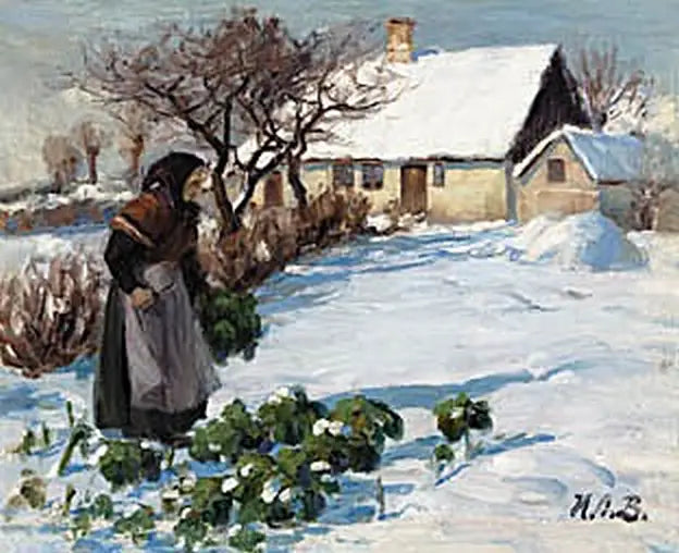 En bondekvinnas som skördar kål i trädgården på vintern. - H. A. Brendekilde