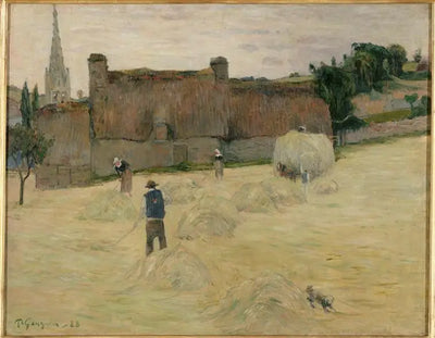 Reproduction du tableau « La Fenaison en Bretagne (recto) ; Bouquet de fleurs devant une fenêtre ouverte sur la mer (verso) - Paul Gauguin » par Alpha Reproduction en peinture à l’huile