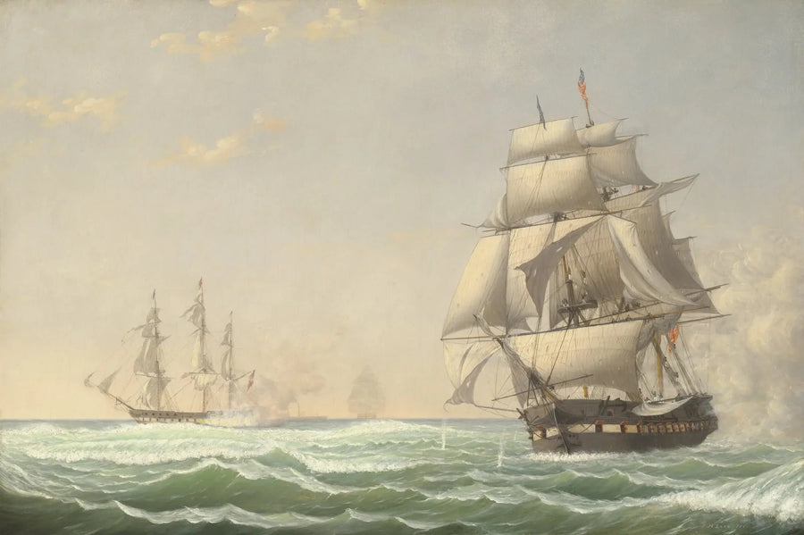 Den amerikanska fregatten «President» som engagerar den brittiska flottan, 1815 - Fitz Henry Lane