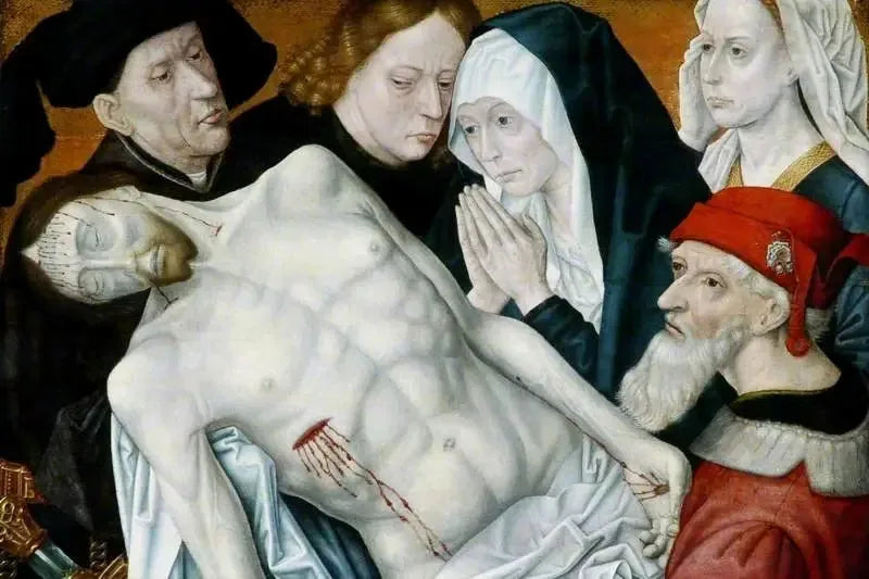 Lamentationen, den döde Kristus stödd av Johannes Döparen, Josef från Arimatea och Nikodemus med Jungfru Maria och Maria Magdalena - Hugo van der Goes