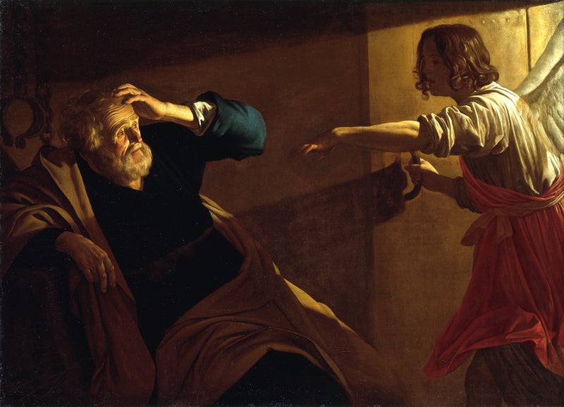 Saint Pierre frigivning från fängelset av ängeln - Gerrit van Honthorst