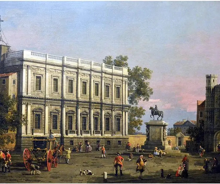 La Maison des Banquets och Porte Holbein, Whitehall, med den riddarstaty av kung Karl I - Canaletto