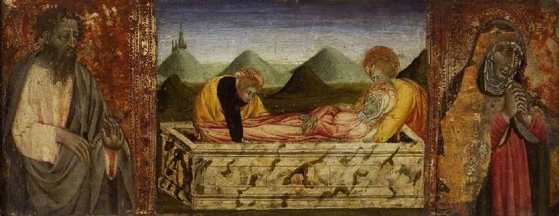 Virkningen av Marias gravläggning med helgonet Barthélemy (till vänster) och en helig (till höger) - Giovanni di Paolo