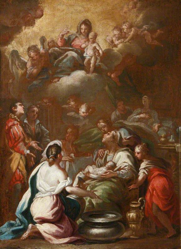Födelset av Jungfru Maria med Jungfru och Barnet i härlighet - Luca Giordano