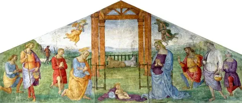 Födelsebilden: Jungfru Maria, Josef och herdarna som dyrkar Jesusbarnet - Pietro Perugino